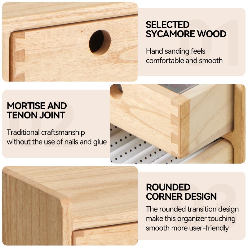 KIRIGEN Desk Organizer with 3 Drawers - Wood Drawer Storage Box with Trays for Tabletop - Workspace Office Toiletries Supplies Tool Caddy - Wooden Storage Cabinet Natural(DT1D3C-NA) - Image 3